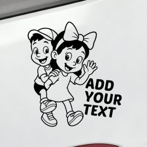 Baby on board boy and girl walking together waving