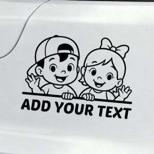 Baby on board car sticker boy and girl waving together design