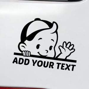 Baby on board car sticker boy waving behind line