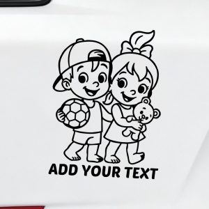 Baby on board car sticker boy with ball and girl with teddy bear
