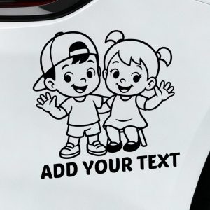 Baby on board car sticker boy with cap and girl waving together