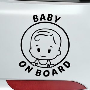 Baby on board car sticker smiling baby boy inside round frame