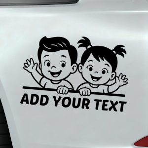 Baby on board car sticker smiling boy and girl waving design