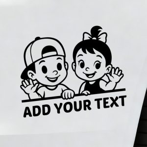 Baby on board car sticker smiling boy and girl waving together