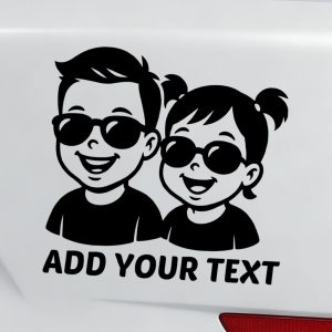 Baby on board car sticker smiling boy and girl with sunglasses