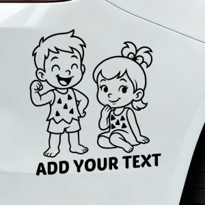 Caveman boy flexing and girl sitting