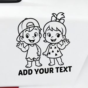 Cute boy and girl waving cartoon style decal