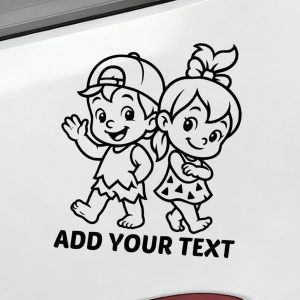 baby on board car sticker cute caveman boy and girl design