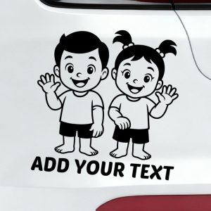 baby on board car sticker smiling boy and girl waving standing