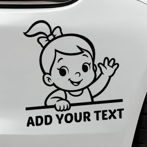 baby on board car sticker waving girl with bow and ponytail