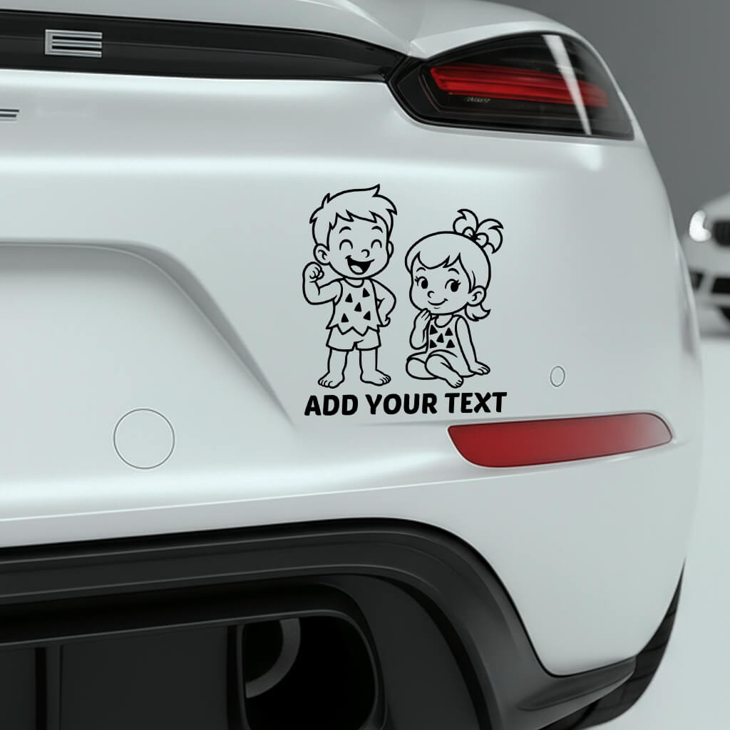 baby on board car window decal cartoon boy and girl caveman style