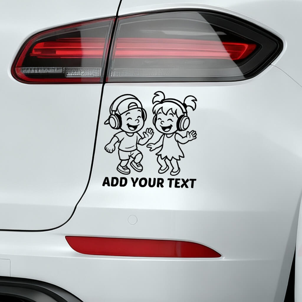 cute children listening to music cartoon car sticker design