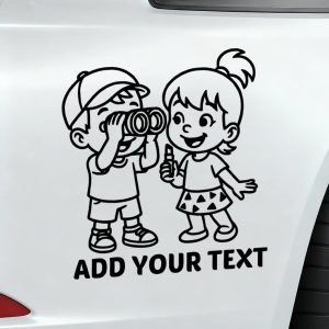 Boy with binoculars and smiling girl exploring – adventure kids car vinyl decal