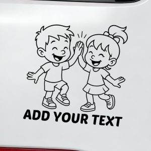 Smiling boy and girl giving high five – cheerful friendship car decal