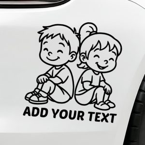 Smiling boy and girl sitting back to back – cute friends car vinyl decal