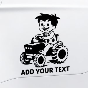 Car vinyl decal Flintstone-style cartoon boy driving tractor