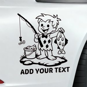 Car vinyl decal Flintstone-style cartoon boy fishing with catch