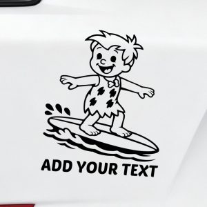 Car vinyl decal Flintstone-style cartoon boy surfing