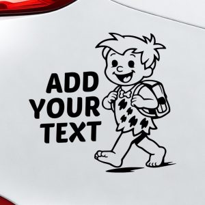 Car vinyl decal Flintstone-style cartoon boy walking with backpack